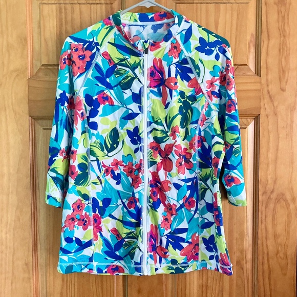 Women’s size XL Lands’ End colorful floral zip up modest swim top/athletic top - Picture 1 of 6